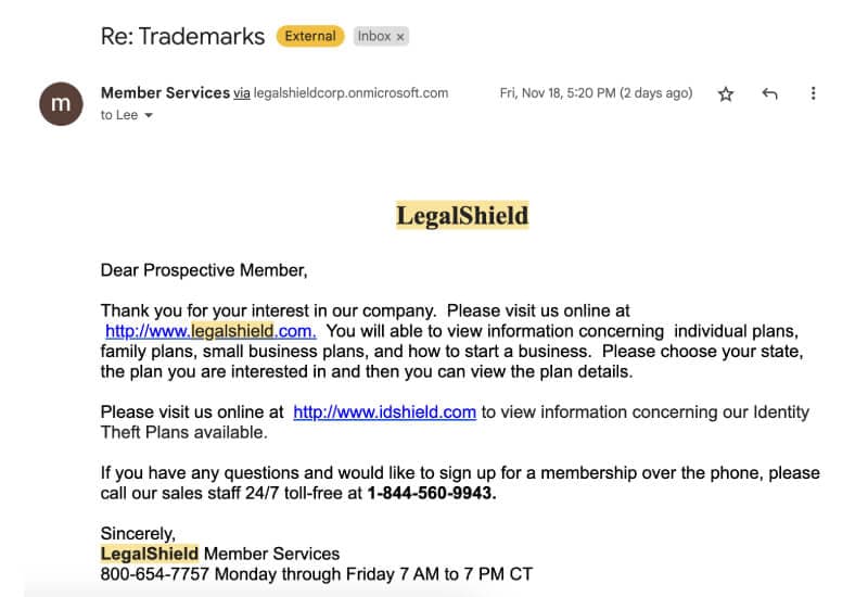 LegalShield Email Reply