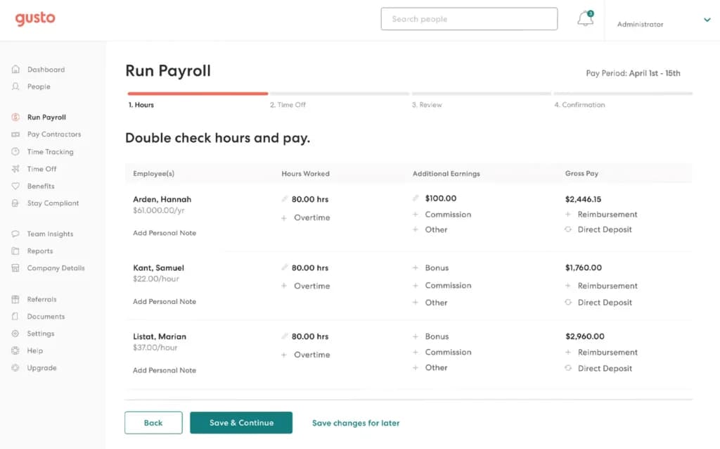 gusto hr payroll screen