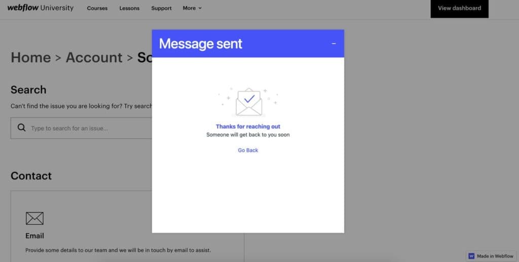 Webflow Email Support Sent