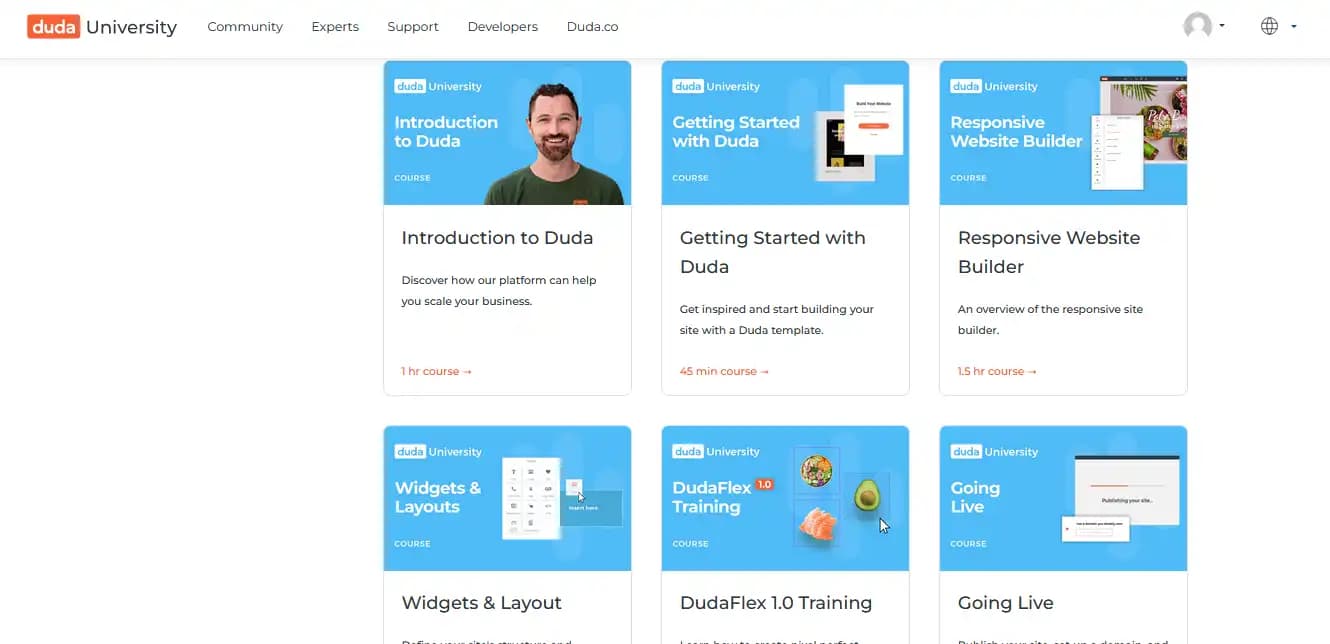 Duda University portal of how to use Duda with guides and videos