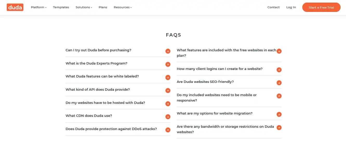 Duda FAQs section with answers