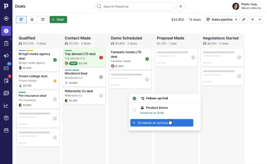 Pipedrive CRM sales pipeline interface featuring a drag-and-drop Kanban board for visual deal tracking, demonstrating a user scheduling a follow-up call or product demo activity directly within a deal card.