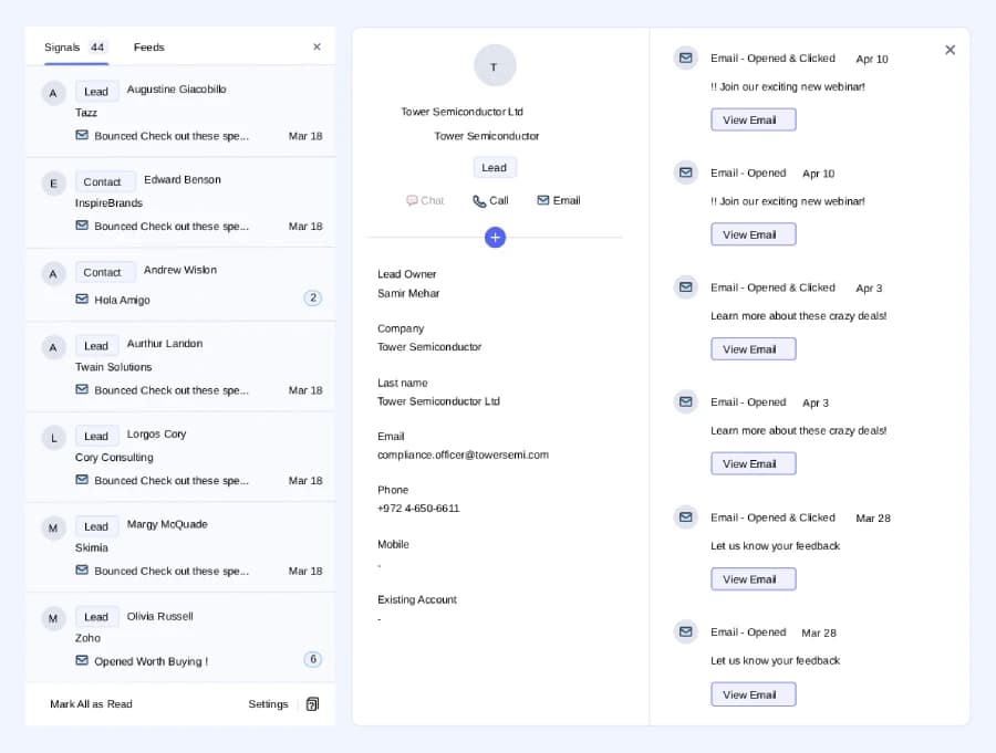 A CRM dashboard displaying real-time prospect engagement, featuring a lead list sidebar, detailed contact information for a target account, and a chronological timeline of email opens and clicks.