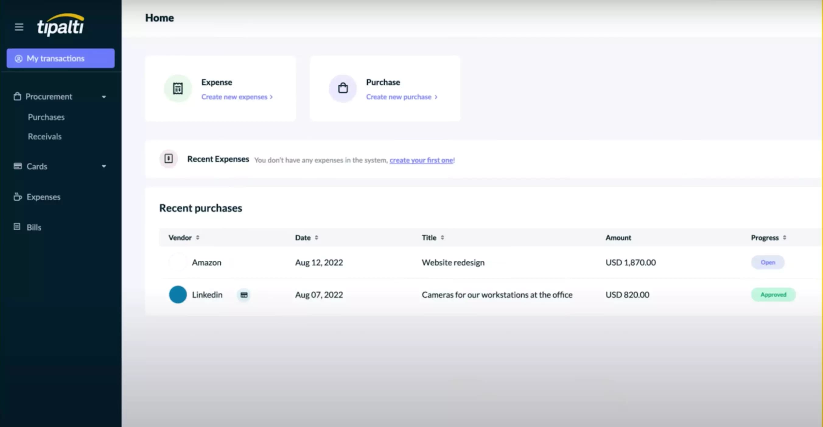 Tipalti Accounts Payable dashboard