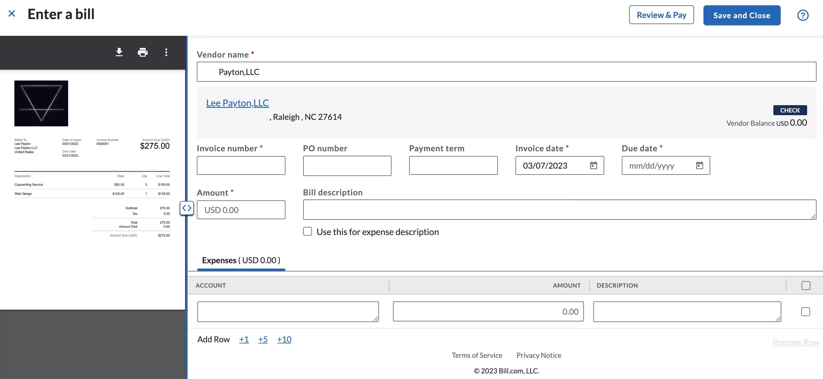 bill.com Accounts Payable invoice import