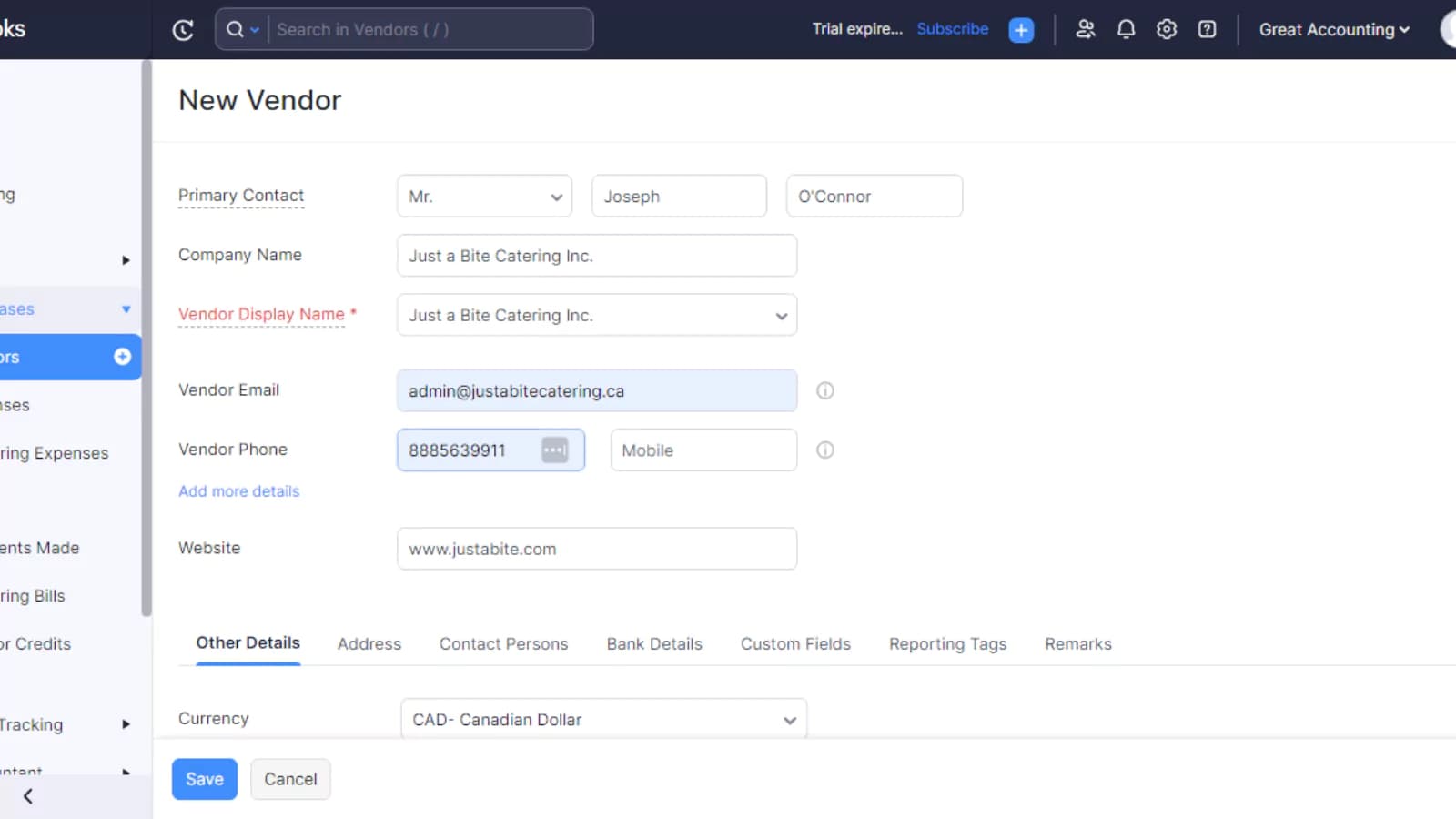 ZohoBooks Accounts Receivable create a new vendor