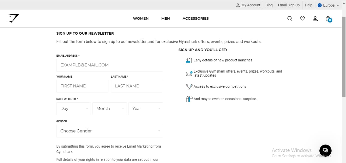 GymShark newsletter sign-up form