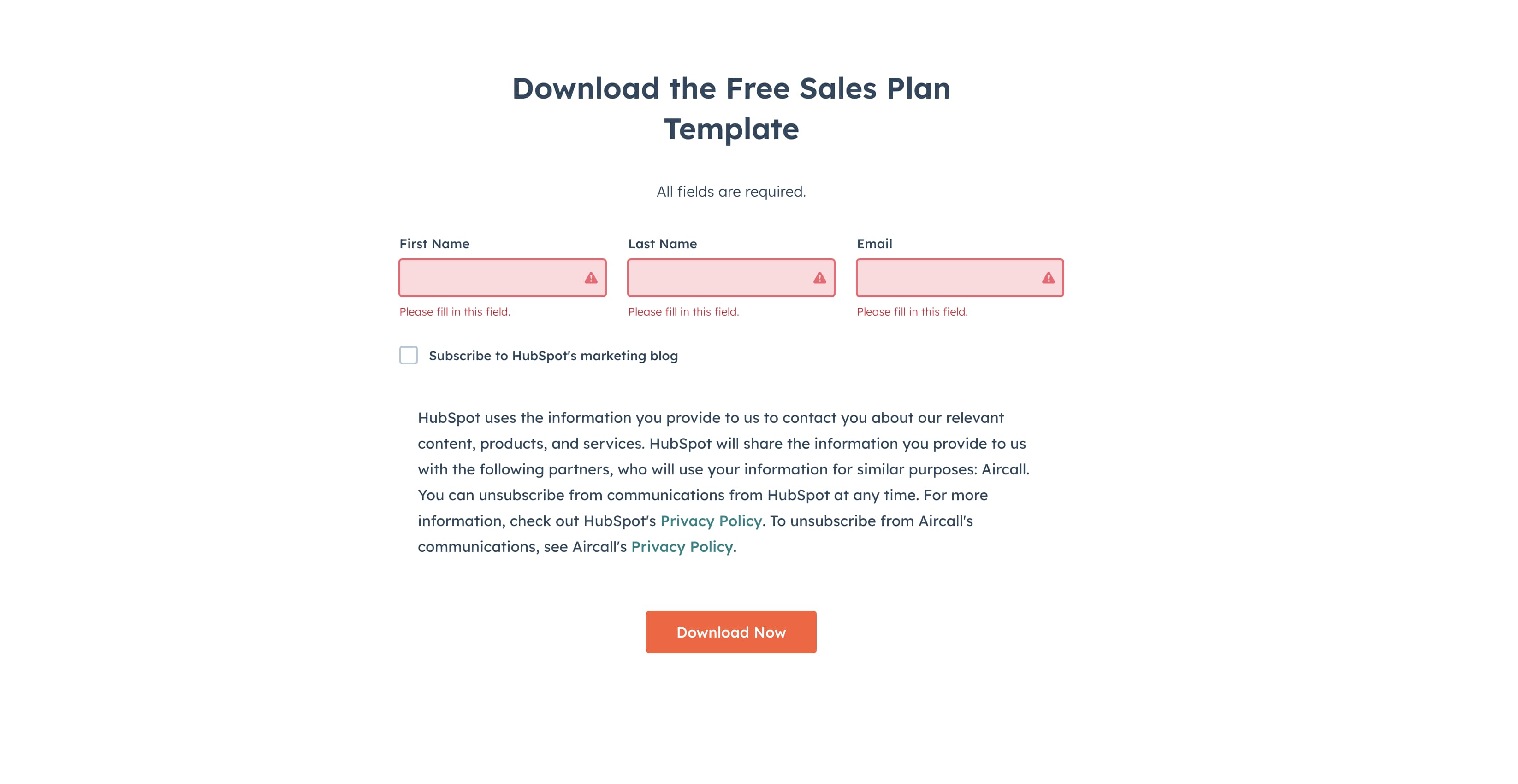 HubSpot Sales Plan Template download page