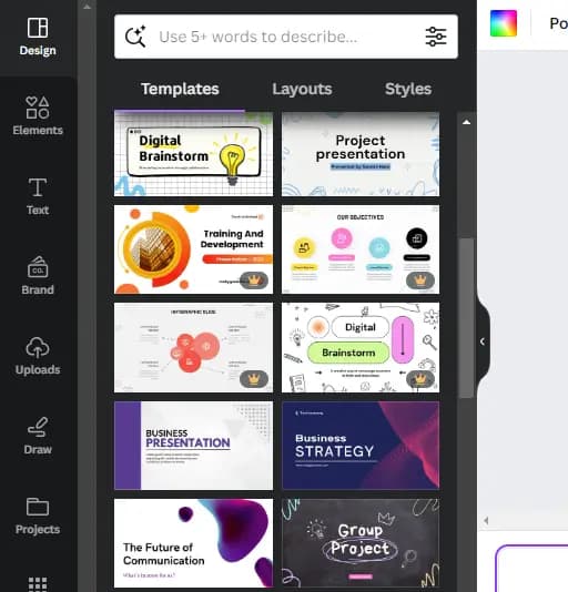Canva template options to create a presentation