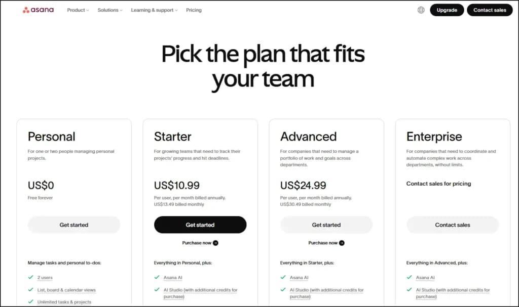 asana plans and pricing