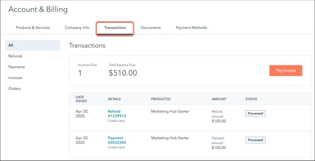 Hubspot Commerce Hub transactions