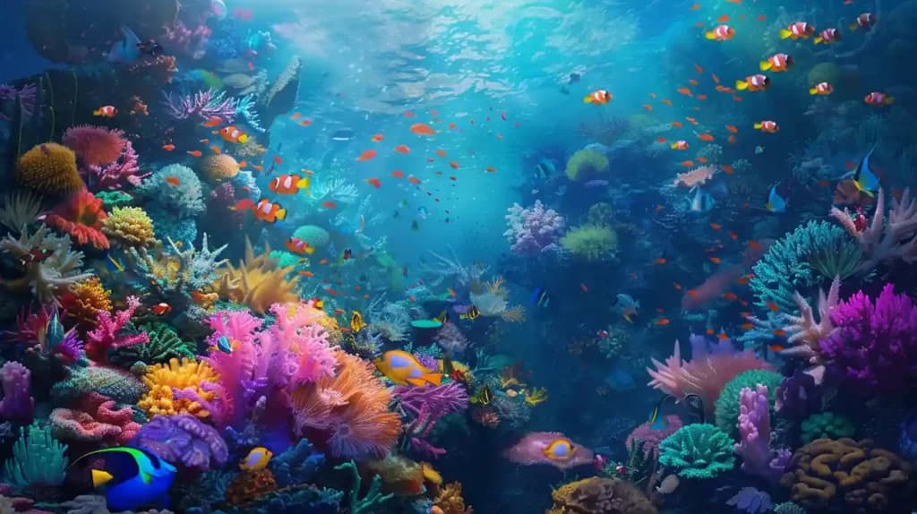 A vibrant coral reef teeming with colorful fish