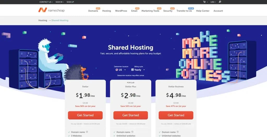 Namecheap hosting plans and pricing