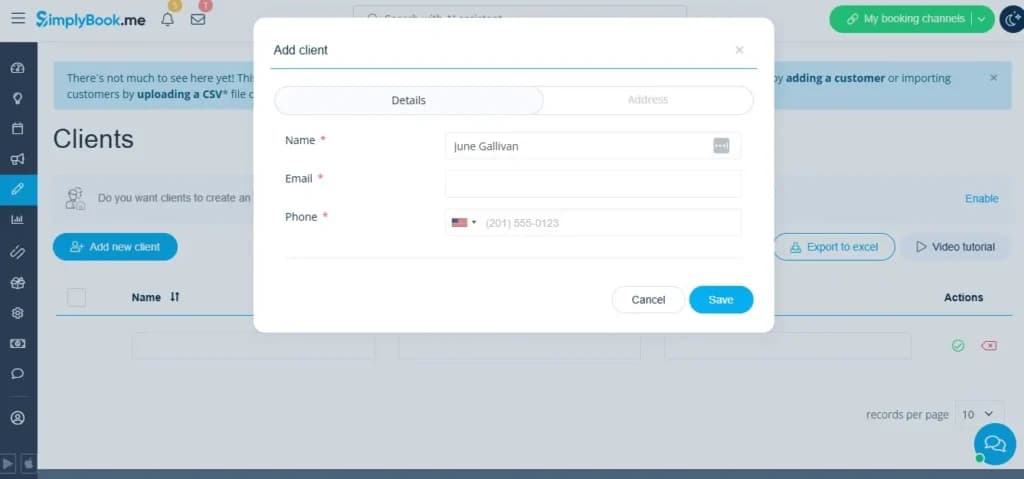 SImplybook - adding a client