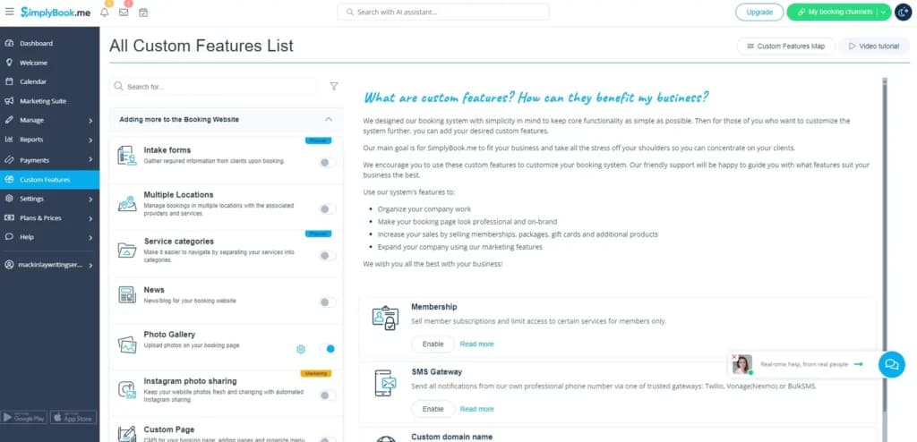 SimplyBook.me - custom features