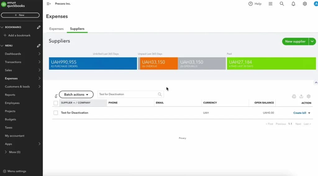 Quickbooks Supplier Management