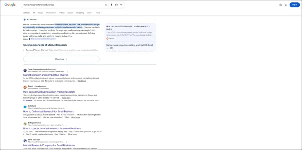 Google SERP How to do market research for small buinsess