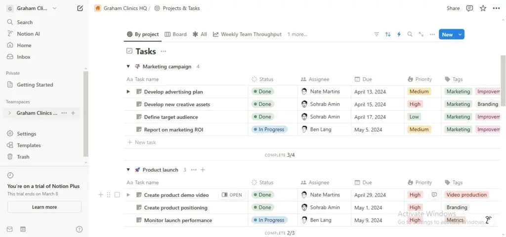 Notion homepage + tasks