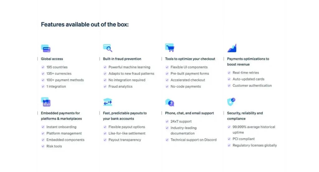 stripe features list
