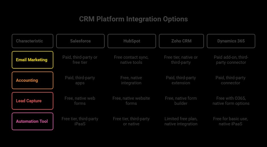 Comparison of Top CRM Integrations (Email, Accounting, Marketing, Automation)