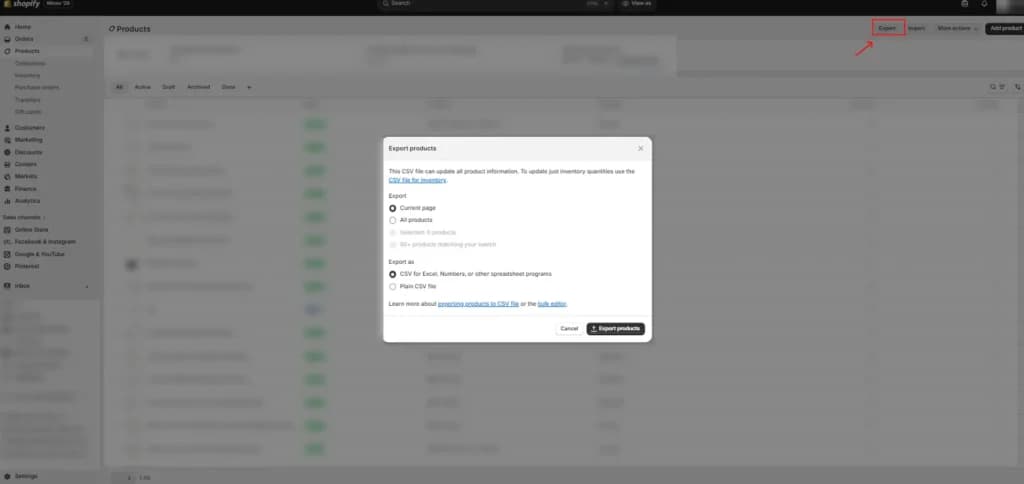 Shopify Products dashboard with the Export products dialog open during our small-business inventory test