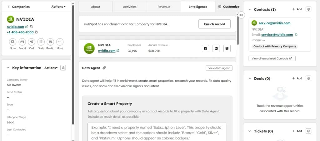 HubSpot Intelligence tab for an NVIDIA company record. Displays firmographic data like employee count (26,196) and annual revenue ($60.92B). Includes a 'Data Agent' section for creating smart properties and enriching records using AI.