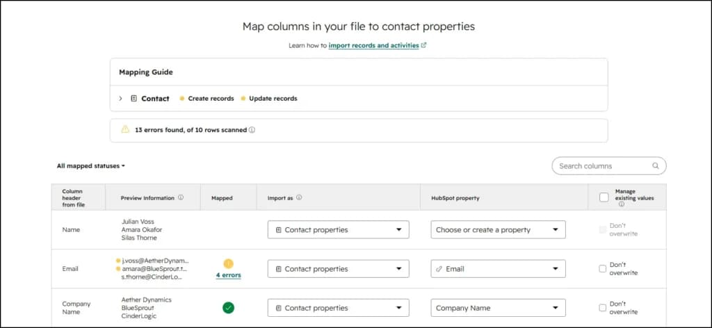 hubspot Import errors screen