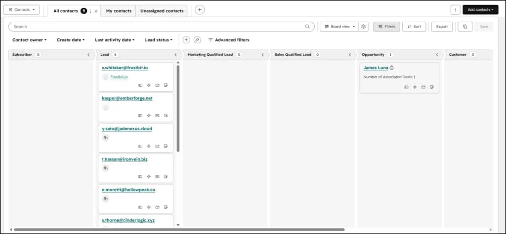 Contacts board view organized by lifecycle stage
