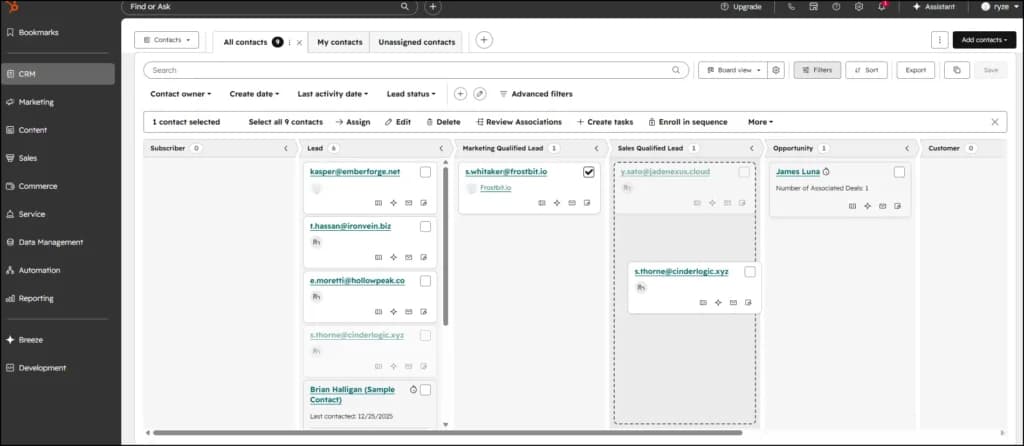 Multiple contacts being moved across pipeline stages