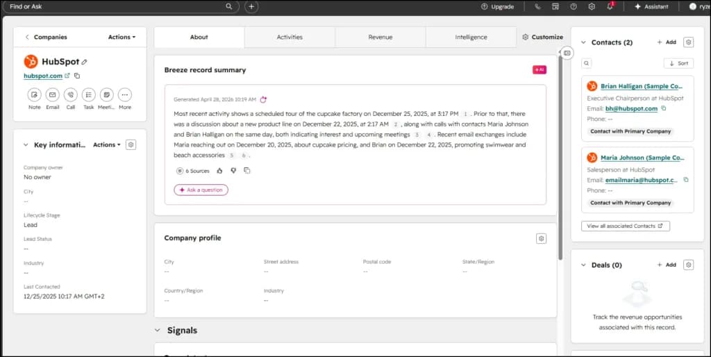 Breeze AI record summary on a company record