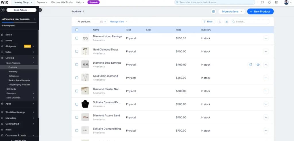 Wix Dashboard product catalog showing 9 AI-generated jewelry products with images, variants, pricing ($350–$700), and inventory
