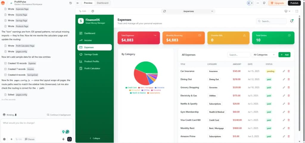 Base44 build chat showing prompt iterations build an entire financial app