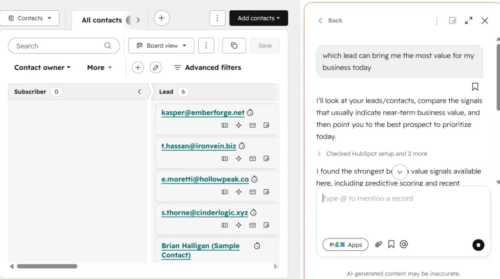 ai agent, HubSpot Contacts board view organized by Lead status, showing contact cards in Lead, Marketing Qualified Lead, and Sales Qualified Lead columns
