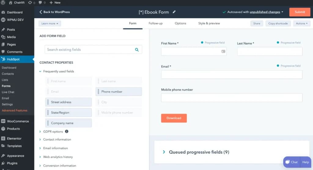 HubSpot form builder or live chat widget configuration - wordpress plugin