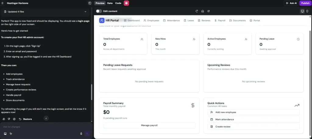 Hostinger Horizons no code builder