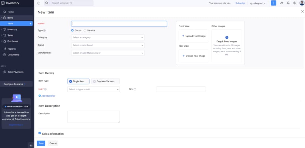 Zoho Inventory new-item screen with SKU, item type, and variant fields during our June 2026 test