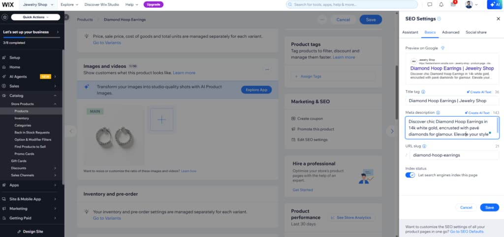 Wix product SEO settings panel showing title tag, meta description, URL slug and index toggle.