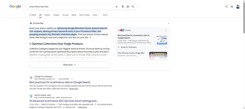 Google AI Overview for 'ecommerce seo tips' citing commerce SEO guides