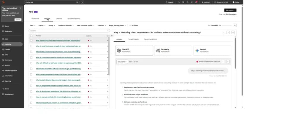 hubspot aeo prompt answers - chatgpt, perplexity,gemini